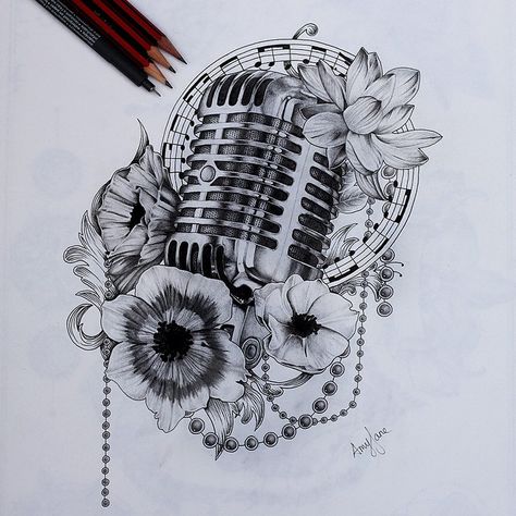 Finished this one! Still trying to find a name for it though. Prints will be up soon on my store! Microphone Tattoo, Music Microphone, Music Tattoo Sleeves, Liz Phair, Molecule Tattoo, Tattoo Music, Music Tattoo Designs, Music Drawings, Geniale Tattoos