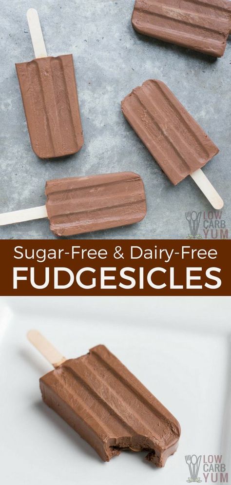 Beat the heat with some frozen treats. Here's how to make sugar free fudgesicles that taste great but only have 5 grams of net carbs. And, they are dairy-free! #lowcarb #sugarfree #keto #dairyfree #fudgesicles | LowCarbYum.com via @lowcarbyum Sugar Free Fudge Pops, Sugar Free Fudge, Frozen Snacks, Fudge Pops, Keto Fudge, Low Carb Ice Cream, Keto Ice Cream, Healthy Sugar, Carb Foods