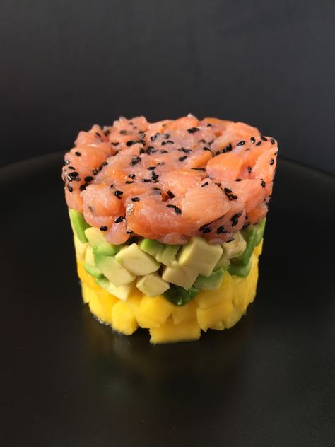 Salmon Stack, Stack Recipes, Food Stacks, Fun Food Presentation, Vegan Quesadilla, Food Molds, Tartare Recipe, Mango And Avocado, Nye Dinner