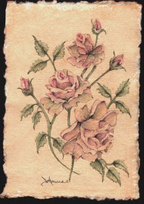 SOLD!-Painted on 100% cotton, hand made, deckled edge and tea stained paper for a truly vintage look and feel. Watercolor painting is 4x6 inch (approx. raw edge) and looks partuculary beautiful in an antique silver frame. Check my shop for more watercolor paintings and follow my work @jstrongblonde Roses Watercolor Painting, Pink Roses Watercolor, Stained Paper, Tea Stained Paper, Roses Watercolor, Original Watercolor Art, Vintage Watercolor, Watercolor Rose, Watercolor Art Prints