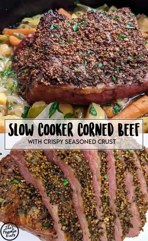 Tender, flavorful, and incredibly easy slow cooker corned beef and cabbage. Let the slow cooker do all of the work, then broil to create a crispy, well-seasoned crust. Add carrots and potatoes for a complete meal, or enjoy simply as delicious corned beef and cabbage. #slowcookercornedbeef #cornedbeefandcabbage #stpatricksday Healthy Corned Beef And Cabbage, Slow Cooker Corn Beef Brisket, Crockpot Corn Beef Brisket, How To Season Corned Beef, Best Corned Beef Recipes Slow Cooker, Corned Beef Crockpot Recipes, Corned Beef Recipes Slow Cooker Reuben, Guiness Corned Beef Recipes Slow Cooker, Seasoning For Corned Beef