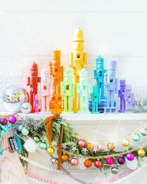 Rainbow Christmas Mantle, Modern Colorful Christmas Tree, Colorful Christmas Palette, Colorful Holiday Decor, Diy Colorful Christmas Decor, Rainbow Nutcracker, Christmas Decor Ideas Colorful, Diy Anthropologie Christmas, Colorful Christmas Aesthetic