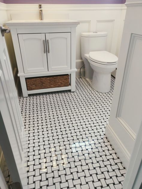 Black and white porcelain basketweave floor. Black And White Basket Weave Tile Floor, Basketweave Tile, Vintage Bathroom Floor, Basketweave Tile Floor, Basket Weave Tile, Black Grout, Tiles For Bathroom, White Baskets, Bath Tiles