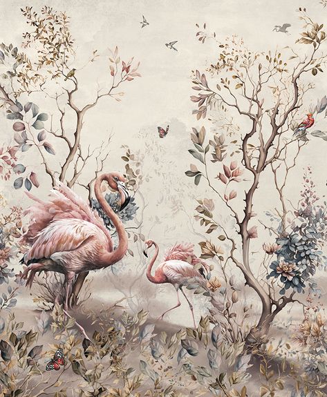 Wallpaper Jungle, Drawing Vintage, Gold Art Painting, Peacock Wall Art, Flamingo Bird, Blue Sky Background, Jungle Wallpaper, Chinoiserie Wallpaper, Tropical Forest