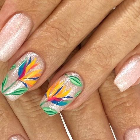 𝖛𝖆𝖑𝖔𝖗𝖎 𝖇𝖔𝖘𝖘 on Instagram: "Pretty summery birds of paradise for Jen, inspired by a @bekkiflaherty illustration✨ . . . #gaudyoctopusnails #handpaintednailart" Bird Of Paradise Nails, Birds Of Paradise Nails, Parrot Nail Art, Parrot Nails, Bird Of Paradise Nail Art, Birds Of Paradise Tattoo Sleeve, Birds Of Paradise Nail Art, Makeup Revolution Birds Of Paradise, Nails With Parrot