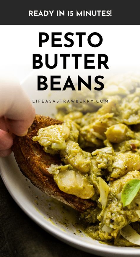 These easy, brothy pesto butter beans are our weeknight secret weapon! They're ready in under 20 minutes with a can of butter beans and a few pantry staples. With step by step photos and plenty of ideas for how to customize the recipe to use whatever you have on hand! Add your favorite veggies (spinach, kale, corn, and tomatoes are all good here) or stir in some protein (like chicken, shrimp, or Italian sausage) for a heartier meal. Serve with plenty of crusty bread for dipping! Cajun Butter Beans Recipe, Pesto Butter, Bread For Dipping, Butter Beans Recipe, Canned Butter, Chicken Shrimp, Like Chicken, How To Cook Beans, Butter Beans