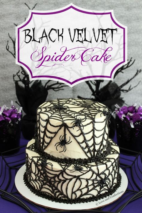 Black Velvet Spider Cake from LoveandConfections.com #SundaySupper Velvet Spider, Black Velvet Cake, Black Velvet Cakes, Halloween Torte, Pasteles Halloween, Rodjendanske Torte, Spider Cake, Spooky Cake, Postres Halloween