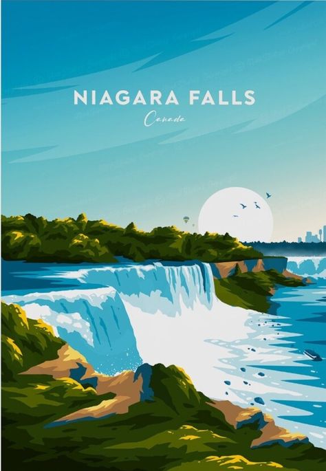 Destination Poster, Canada Illustration, Niagara Falls City, Canada Pictures, City Cartoon, Tourism Poster, Around The World In 80 Days, Retro Travel Poster, Book Illustration Art