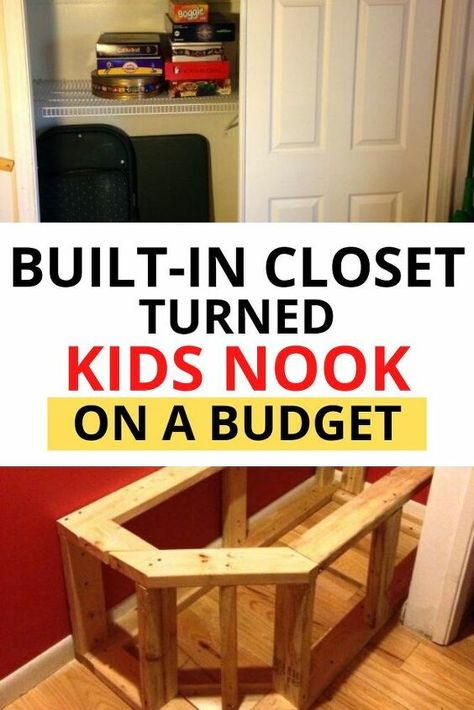 Does your kids have a small room? Check out this work and reading nook idea in the closet! This space can be used as a play area or to do homework. This bench has extra storage space as well. #diy #kids #nook #closet Ikea Storage Cubes, Closet Nook, Reading Nook Closet, Kids Nook, Cheap Closet, Crate Bench, Nook Bench, Closet Transformation, Reading Nook Kids