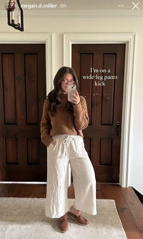 Sweater And Flowy Pants, Wfh Fits, Feminine Mom Style, Women’s Wide Leg Linen Pants Outfit, Thrifted Teacher Outfits, Fall Wide-leg Lounging Pants, Cozy Fall Wide-leg Pants, Linen Pants Fall Outfit, Fall Linen Pants Outfit