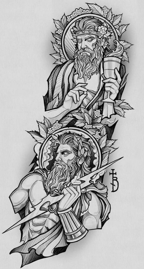 Greek God Tattoo Sleeve, Greek Gods Tattoo Design, Greek Mythology Tattoos Sleeve, Half Sleeve Tattoos Sketches, Greek God Tattoo, Atlas Tattoo, Zeus Tattoo, Minimalist Tattoo Ideas, P Tattoo