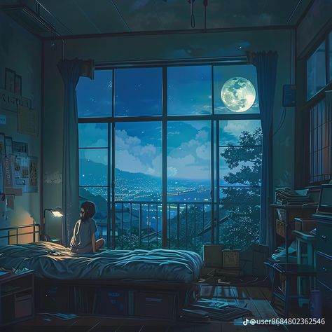 Bedroom Window Night, Bedroom Nighttime, Bed Reference, Window View Night, Bedtime Aesthetic, Scene Wallpaper, Dream Fantasy, Dreamy Landscapes, Time Painting