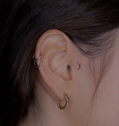 Tattoo On The Neck For Women, Ear Tattoo Moon, Moon Ear Tattoo Inner, Small Face Tattoos For Women By Ear, Light It Up Tattoo, Tragus Tattoo Ear, Small Ear Tattoos For Women, Dainty Face Tattoos, 11:11 Tattoo