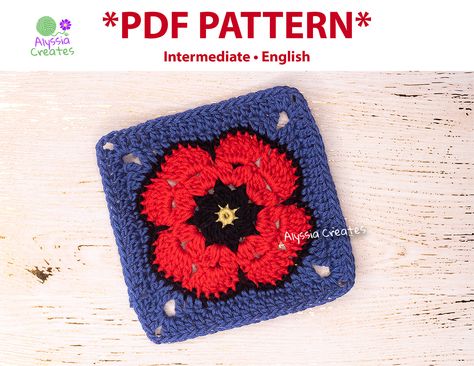 Crochet For Grandma, Poppy Granny Square Pattern, Poppy Granny Square, Half Granny Square Pattern, Flower Granny Square Pattern, Crochet Poppy, Motifs Granny Square, Granny Square Tutorial, Flower Granny Square