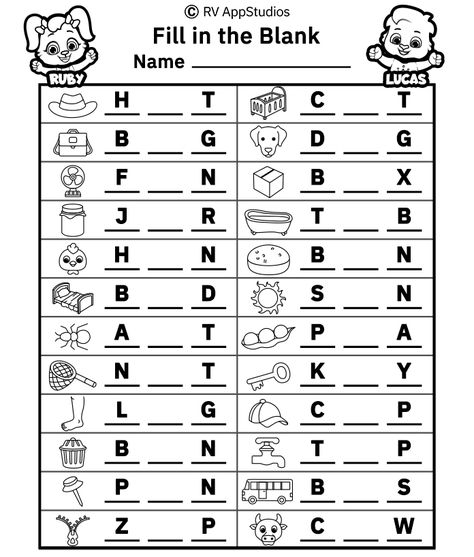 Free Printable Worksheets for Kids - Fill in the Blank Words Worksheets Spelling Practice Worksheets, Alphabet Writing Worksheets, Kindergarten Math Worksheets Addition, Cvc Words Kindergarten, Kindergarten Phonics Worksheets, English Worksheets For Kindergarten, Primary Writing, Grammar For Kids, Kids Worksheets