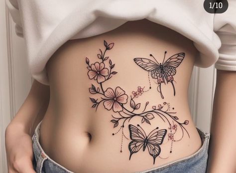 Side Rib Butterfly Tattoo, Back Tattoo Women Butterfly, Butterfly Tatoos Woman, Tummy Tattoos For Women, Butterfly Chest Tattoo Female, Side Torso Tattoo, Lower Back Flower Tattoo, Side Back Tattoo Women, Pelvic Bone Tattoo