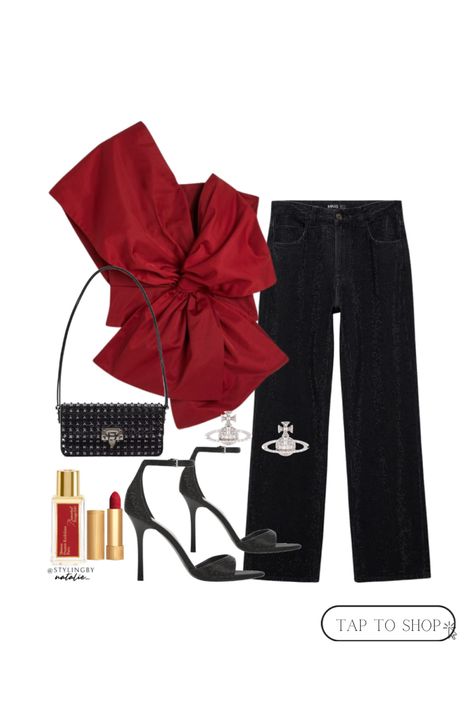 Red bow top, rhinestone black jeans, Vivienne Westwood earrings, black rhinestone heels, Rockstud handbag. Party wear, party season, nye look, holiday party, Christmas outfits Red Bow Top Outfit, Red Nye Outfit, Bow Top Outfit, Bow Tops Outfit, Style Improvement, Black Rhinestone Heels, Westwood Earrings, Nye Look, Vivienne Westwood Earrings