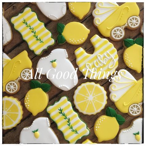 Gender Reveal Lemon Theme, Lemon Themed Gender Reveal, Lemon Gender Reveal Party, Lemon Theme Baby Shower Ideas, Lemon Baby Shower Theme Boy, Baby Shower Lemon Theme, Lemonade Baby Shower Theme, Lemon Baby Shower Cookies, Lemon Baby Shower Ideas