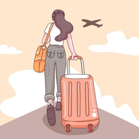 Teenager traveler cartoon character vector Travelling Illustration Art, Travel Drawing Aesthetic, Traveling Animation, Girl Travel Drawing, Traveling Drawings, Travel Cartoon Illustration, Travel Painting Ideas, Tourist Drawing, Travelling Painting