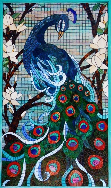 Mosaic Peacock, Stained glass mosaic, Artist Lonnie Parsons Mosaic Peacock, Peacock Mosaic, Mosaic Birdbath, Mosaic Supplies, Mosaic Ideas, Glass Mosaic Tiles, Stained Glass Mosaic, Glass Mosaic, Mosaic Art