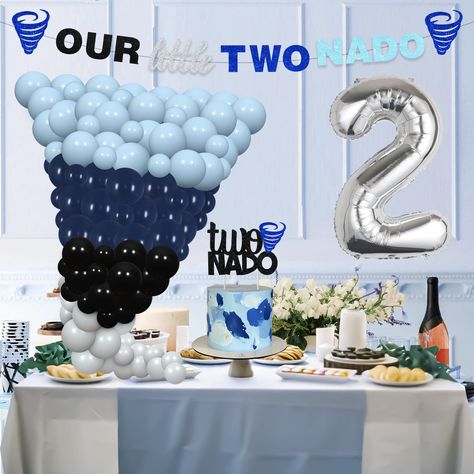 PRICES MAY VARY. You will receive: 50pcs latex balloons 12inches(15 gray, 10 black, 10 dark blue, 15 baby blue), 20pcs latex balloons 5inches(5 gray, 5 black, 5 dark blue, 5 baby blue), 1pc blue our little two nado banner, 1pc two nado cake topper, 1pc number 2 foil balloon 32inches, 5M balloon chain, 1 roll of adhesive dots and 2pcs white ribbon. Twonado birthday party decorations: This special balloon garland kit is dark blue, black and silver. You can make the balloon garland kit into the sha Twonado Birthday Party Girl, Two Nado Birthday Party Boy, Twonado Birthday Party Decor, Two Nado Birthday Party, Twonado Birthday Party, Tornado Birthday Party, 2nd Birthday Boy, Unique Party Themes, 2nd Birthday Boys