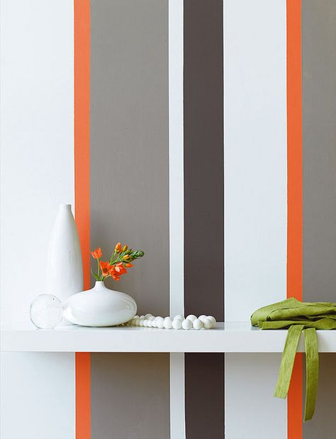 orange, white, grey vertically striped wall I'm loving this idea for the accent wall in the sitting room! Striped Accent Walls, Painting Stripes On Walls, Striped Walls, Little Greene Paint, Wall Paint Designs, Paint Stripes, Trendy Bedroom, Bedroom Paint, Little Greene