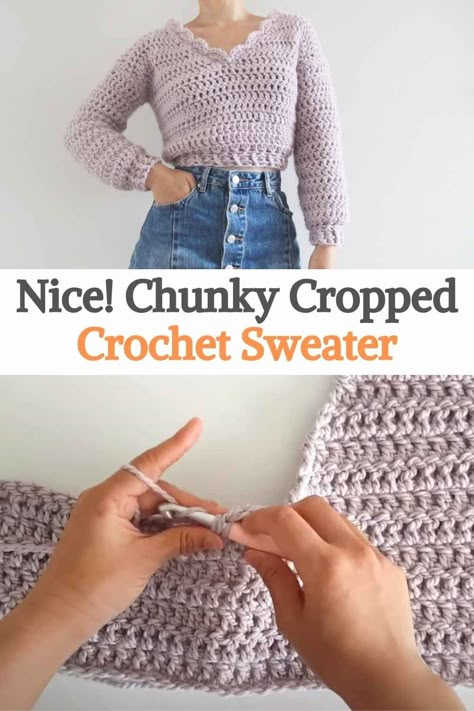 Bulky Yarn Crochet Sweater Pattern Free, Crochet Sweater Thick Yarn, Chunky Crochet Sleeves, Crop Crochet Sweater Pattern, Quick Bulky Yarn Crochet Patterns, Cropped Sweater Crochet Pattern Free, Crochet Sweater Bulky Yarn, Crochet Sweater Cropped, Intermediate Crochet Projects