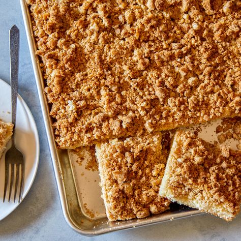 Sheet Pan Crumb Cake by Food Network Kitchen Sheet Pan Coffee Cake Recipe, Coffee Sheet Cake Recipes, Sheet Pan Coffee Cake, Sheet Pan Desserts, Half Cake, Pan Desserts, Crumb Cakes, Crumb Cake Recipe, Pan Cooking