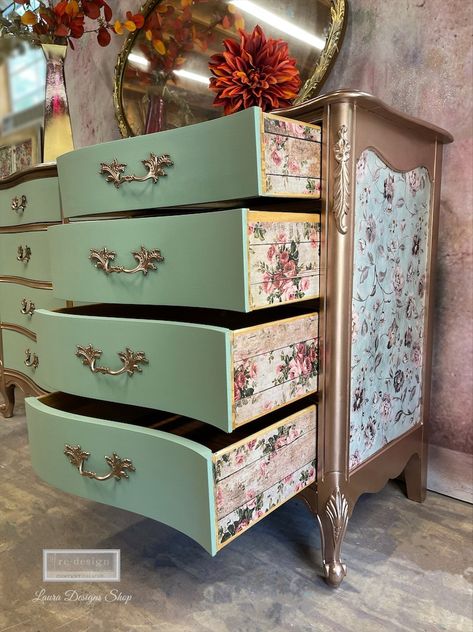 Gold & Green Dresser - Etsy Fun Dresser, Decoupage Dresser, Painted Furniture For Sale, Provincial Dresser, Green Dresser, French Provincial Dresser, Decoupage Decor, French Provincial Furniture, Furniture For Sale