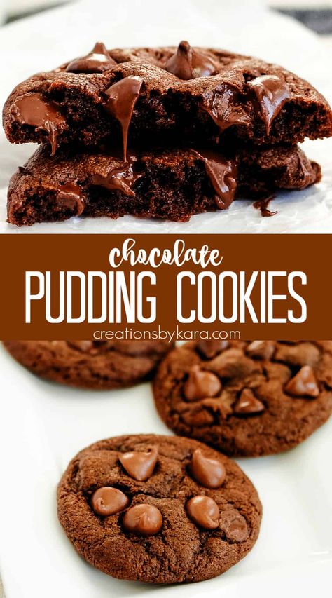 Soft, thick, and oozing with melted chocolate, these CHOCOLATE PUDDING COOKIES are the perfect way to satisfy your chocolate craving! #puddingcookies #chocolatepuddingcookies @Creations by Kara Candies Recipes, Chocolate Pudding Cookies, Easy Chocolate Pudding, Pudding Cookies Recipes, Best Chocolate Desserts, Easy Chocolate Desserts, Cookie Recipes Unique, Biscuit Recipes, Pudding Cookies