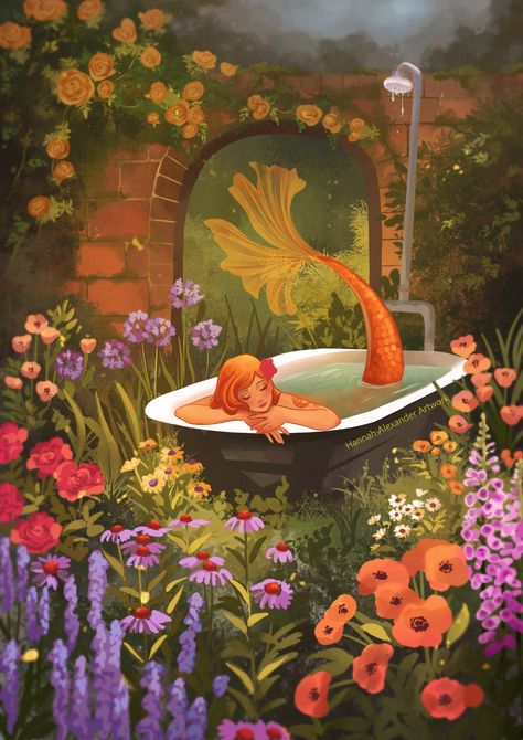 Mermaid In A Bathtub, Spring Mermaid, Hannah Alexander Artwork, Hannah Alexander, Mermaid Aesthetic, Beautiful Mermaids, Fairytale Art, Mermaid Art, Ethereal Art