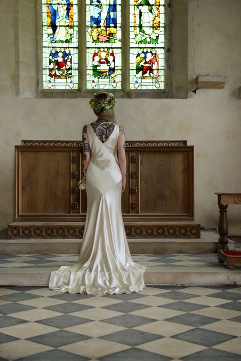 The May Dress. 1930s vintage-inspired wedding dress, ethically handmade from 100% silk in the UK. — Rolling In Roses - modern, sustainable wedding dresses. Bridal Tattoo, Silk Satin Wedding Dress, 1930s Wedding Dress, Tattooed Bride, Sustainable Wedding Dress, 1930s Wedding, 30s Style, Silk Wedding Gown, Flower Crown Bride