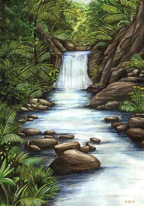 Jungle Watercolor Painting, Jungle Drawing Sketches, Jungle Doodle, Forest Drawing Easy, Jungle Sketch, Waterfall Sketch, Watercolor Waterfall, Waterfall Tattoo, Beautiful Scenery Paintings