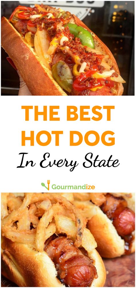 Hot dogs are an American classic, but the variations are almost endless. We've rounded up the best dog in your state... did we miss any?  #hotdogs #summerfood #besthotdog #restaurants #bestinstate #classicfood Detroit Hot Dog, California Hot Dog, Best Chili Dogs Recipe, Chili Cheese Dog Recipe, American Hot Dog, Awesome Sandwiches, Gameday Food, Dogs Recipes, Best Hot Dogs