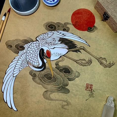 Heron Japanese Art, Crane Japanese Art, Japanese Heron Tattoo, Japanese Crane Drawing, Crane Japanese Tattoo, Japanese Crane Tattoo Design, Japanese Crane Tattoo, Japanese Bird Art, Japanese Crane Art