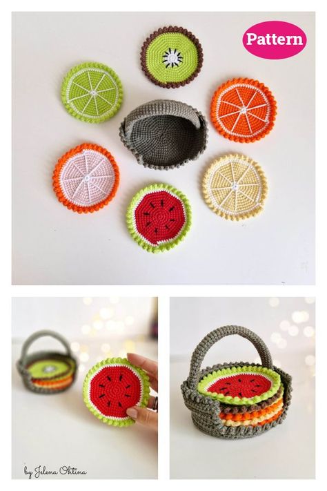 Fruit Coasters and Coasters Holder Crochet Pattern Crochet Coaster And Holder, Crochet Fruit Coasters, Crochet Coasters With Holder, Fun Crochet Coasters, Crochet Coaster Holder, Crochet Coasters For Beginners, Diy Crochet Coasters, Fruit Coasters, Coasters Holder