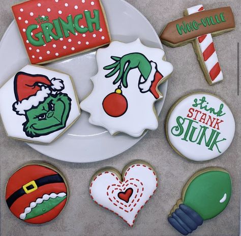 The Grinch Sugar Cookies, Christmas Sugar Cookies Decorated Grinch, The Grinch Cookies Decorated, Grinchmas Cookies, The Grinch Cookies, Grinch Birthday Cookies, Grinch Cookies Royal Icing, Grinch Royal Icing Cookies, Grinch Christmas Cookies Decorated