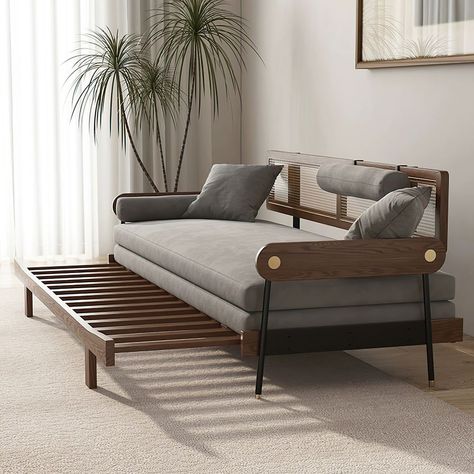 Hernest | 79.5" Modern Ash Solid Wood 4 Seater Sofa Convertible Pull Out Sofa Beds with Tech Fabric Cushion and Four Pillows, Rattan Back Design Couches Indian Sofa, Wood Frame Sofa, Sofa Convertible, Bungalow Interiors, Sofa Wood Frame, Tv Area, Pull Out Sofa Bed, Pull Out Sofa, 4 Seater Sofa