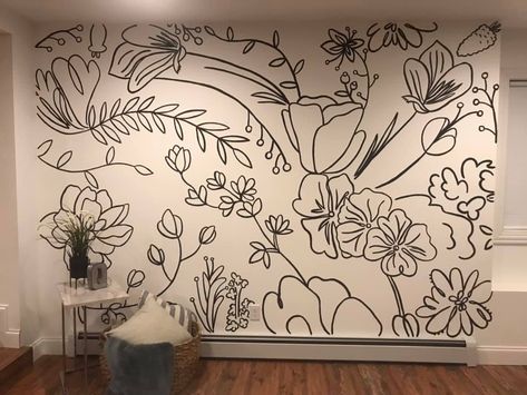 Flower Mural Wall Paintings Purple, Wildflower Wall Mural Diy, Line Drawing Wall Mural, Hand Drawn Mural, Flower Accent Wall Bedroom, Doodle Wall Mural, Floral Line Art Wall Mural, Hand Painted Accent Wall Floral, Hand Drawn Wall Art