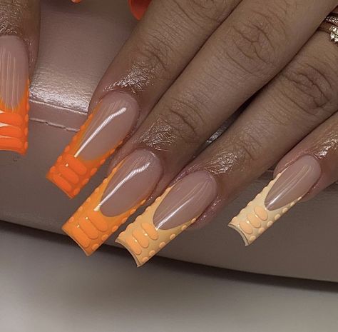 Orange Yellow Nails Summer, Orange Croc Nails, Orange Nails Acrylic Design, Ginger Nails Acrylic, Orange Square Nails, Orange Trendy Nails, Orange Prom Nails, Orange French Nails, Orange Nails Acrylic