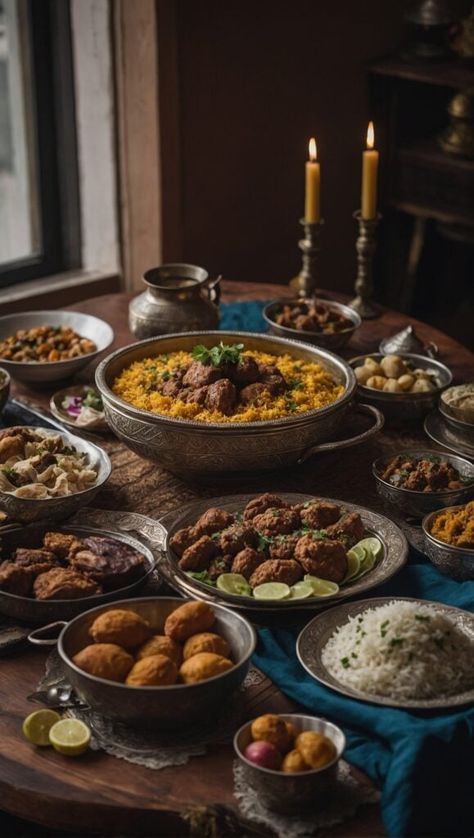 A traditional feast with various dishes including rice, curries, and breads, served in metal bowls on a wooden table for Eid al-Adha, illuminated by candlelight. Eid Table, Metal Bowls, Fusion Dishes, Lamb Dishes, Lentil Stew, Dessert Appetizers, Vegetarian Options, Eid Al Adha, Delicious Vegetarian