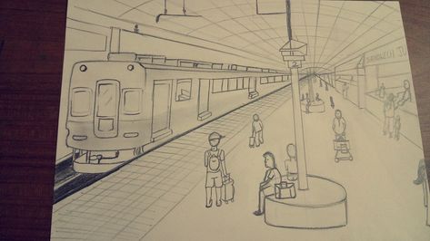 Perspective drawing of railway station Railway Station In One Point Perspective, Railway Station Drawing In Perspective, Railway Station Drawing Sketch, Railway Station Drawing, One Perspective Drawing, Station Drawing, Train Sketch, Types Of Perspective, Drawing Topics