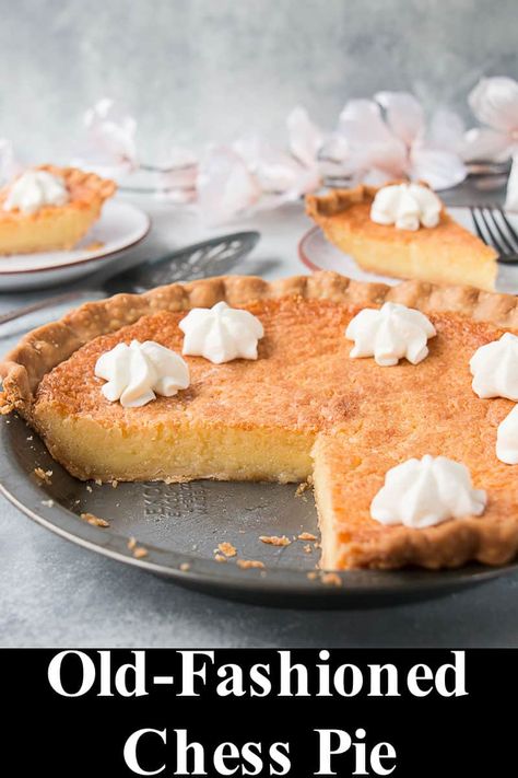 This classic Southern chess pie is irresistibly buttery and sweet. It's made with a rich and thick custard filling that's baked in a flaky pie crust until golden brown on top. This easy-breezy recipe only takes 10 minutes to prepare and is sure to please! #chesspie #recipe #easy #oldfashioned #lemon Old Fashioned Chess Pie Recipe, Southern Chess Pie, Adorable Desserts, Colonial Recipe, Lemon Chess Pie, Chess Pie Recipe, Just Pies, Favorite Pie Recipes, Chess Pie