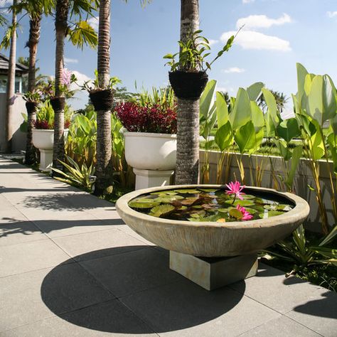 Concrete Planters Garden, Bowl Water Feature, Bowl Garden, Fish Pond Gardens, Kolam Koi, Planter Outdoor, Garden Pond Design, Outdoor Water Feature, Outdoor Water Features