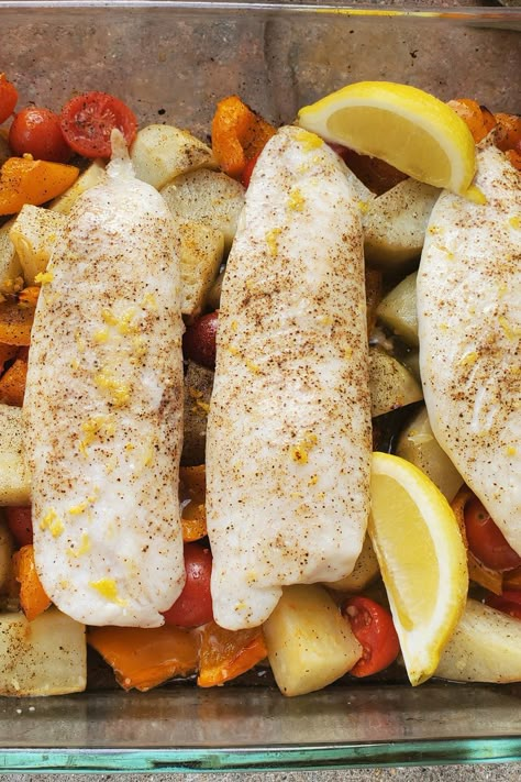 Tilapia With Potatoes, Tilapia And Potatoes Recipes, Tilapia And Potatoes, Baked Talipia, Sheet Pan Tilapia, Lemon Pepper Tilapia, Tilapia Recipes Easy, Fish Dinners, Potatoes In Oven