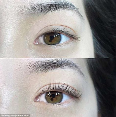 Before and after: 'Lash perming has been around for a really long time but the old school way of performing the service used liquids that were dangerous around the eye area,' said Courtney. 'The new school lift uses creams which are much safer as they are easy to control.' For more transformations check out Sugarlash PRO's Instagram Eyelash Lift And Tint, Very Easy Hairstyles, Lash Perm, Different Types Of Curls, Everyday Eye Makeup, Natural Makeup For Brown Eyes, Getting A Perm, Eyelash Perm, Natural Eyelash Extensions