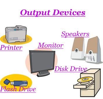 This image shows some different output devices Computer And Its Parts Drawing, Computer Parts Images, Input Devices Of Computer Images, Input And Output Devices Computers, Output Devices Of Computer, Computer Memory Types, Computer Photo, Birthday Countdown, Output Device