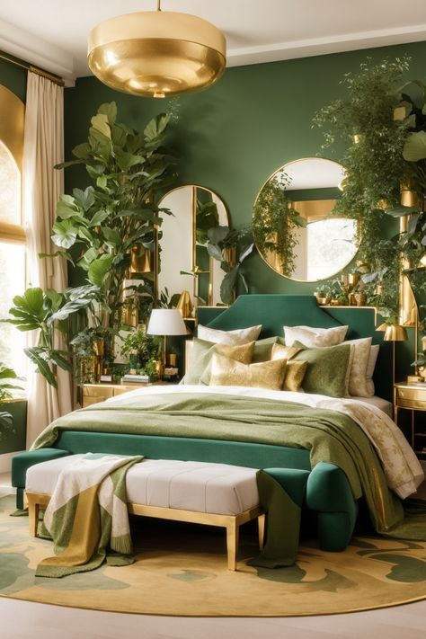 Step into this resplendent oasis with lush green hues and opulent gold accents. This bedroom exudes sophistication and serenity through its sumptuous velvet headboard and regal gold-finished furniture. The abundance of verdant foliage and chic circular mirror transport you into a refreshing sanctuary. Plush textiles in complementary green tones adorn the bed, while a stylish pendant light and contemporary rug complete the look. Green Bedroom Design, Modern Bedroom Lighting, Simple Bed Designs, Green Bedroom Decor, Penthouse Living, Art Deco Bedroom, Deco Bedroom, Bed Design Modern, Gold Bedroom