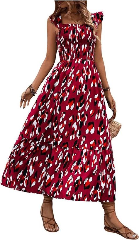 Casual Floral Print Spaghetti Strap Square Neck Long Maxi Dress Beach Sun Dress #AD Boho Dress Casual, Summer Boho Dress, Maxi Dress Beach, Beach Outfit For Women, Boho Beach Dress, Boho Summer Dresses, Summer Boho, Dress Beach, Boho Summer