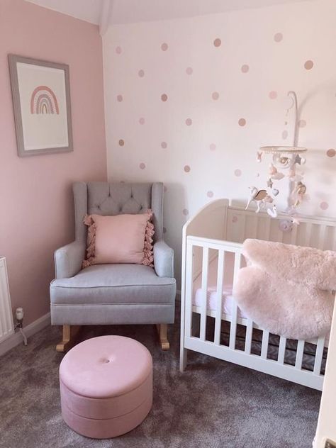 Pink And Polka Dot Bedroom, Baby Girl Nursery Room Pink, Pink Polkadot Nursery, Pink Polka Dot Nursery, Natural Wood And Pink Nursery, Blush Pink Accent Wall Nursery, Polka Dot Room Decor Girls Bedroom, Toddler Girl Pink Room, Pink Room For Toddler Girl